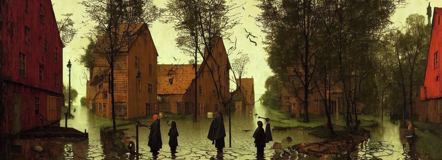 Prompt: flooded old wooden street, very coherent and colorful high contrast masterpiece by norman rockwell franz sedlacek hieronymus bosch dean ellis simon stalenhag rene magritte gediminas pranckevicius, dark shadows, sunny day, hard lighting, reference sheet white background