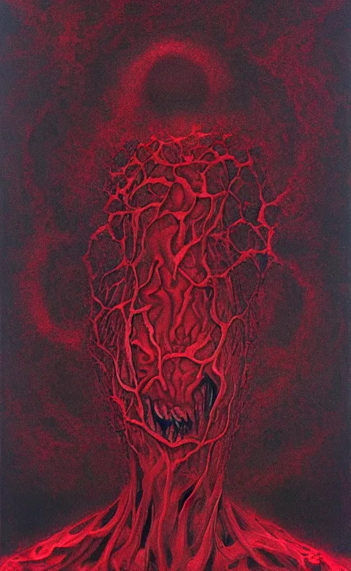 Image similar to black dramatic portrait painting of human with black mandelbrot fractal instead of face, in style of zdzisław beksinski, dark red, horror, body horror, scary,