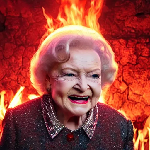 Prompt: stunning awe inspiring betty white as the queen of hell surrounded by fire, lava, brimstone and demonic killer dolls, movie still 8 k hdr atmospheric lighting