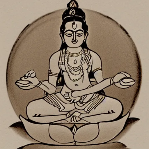 Image similar to four armed indian goddess lakshmi sitting on a lotus, minimalistic style