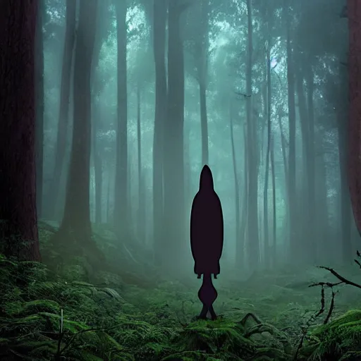 Image similar to a long shot of a ominous alien being standing in a forest, detailed, mythical, mist, depressing, tired, dark, lush, nature, mist, mystery, glows, somber, dismal, fog, heavy fog, dark lighting, rim light, glow, ambient light,