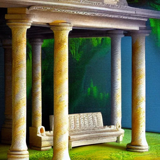 Prompt: uncanny otherworldly lake settee portico, by camille - pierre pambu bodo and h. p. lovecraft, tilt shift, detailed painting