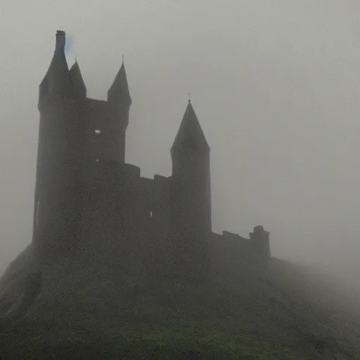 Image similar to a dark vallcy with a huge gloomy castle, fog. a little boy and a black cat