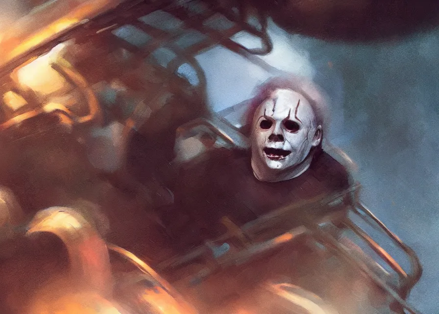 Image similar to portrait painting of Michael Myers having fun in a long roller coaster, sharp focus, wide shot, trending on ArtStation, masterpiece, by Greg Rutkowski, by Ross Tran, by Fenghua Zhong, octane, soft render, oil on canvas, colorful, cinematic, environmental concept art