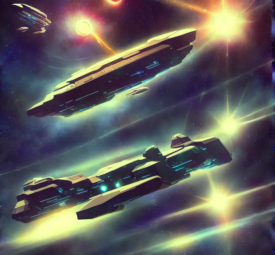 Image similar to realistic geometric spaceship with canons and energy lazers, sci - fi, technologi, constellation geometry space mandal background, breathtaking stars, elegant, highly detailed, digital painting, artstation, concept art, smooth, sharp focus, spiritual art, art by artgerm and greg rutkowski and alphonse mucha, psychedelic, illustration, painting oil,