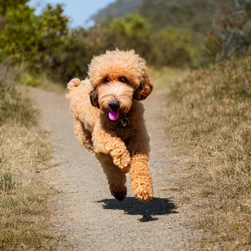 Prompt: golden doodle running in topanga canyon