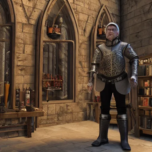 Prompt: full body portrait of Dennis hopper as a devious medieval lord standing on the right inside a big medieval Shop with tall windowpane, shelves full of medieval goods, morning light, dramatic lighting, high contrast, trending on artstation, style of midjourney, unreal engine, octane render, intricate details, 8k high definition, beauriful, ornate, hyperrealistic