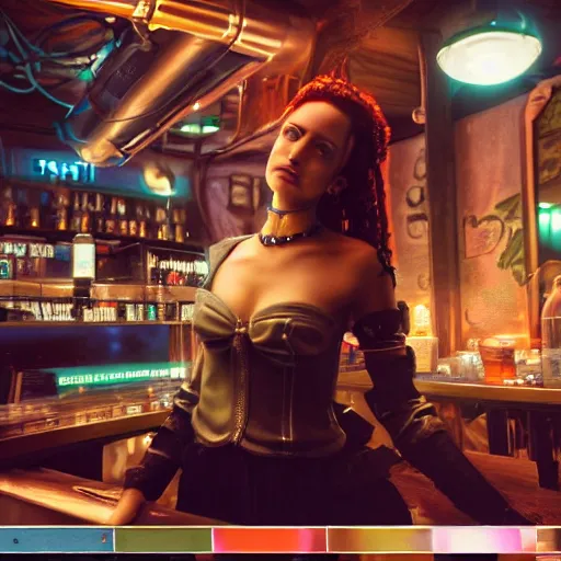Prompt: a high quality portrait of a beautiful female pirate in a cyberpunk cafe realism 8k