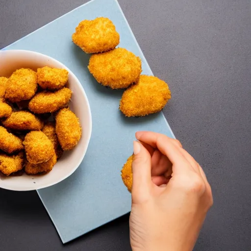 Image similar to rotten human hand picking up a moldy chicken nugget in a bowl of regular chicken nuggets, hd, 4k image