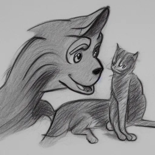 Prompt: milt kahl pencil sketch of a dog and a cat