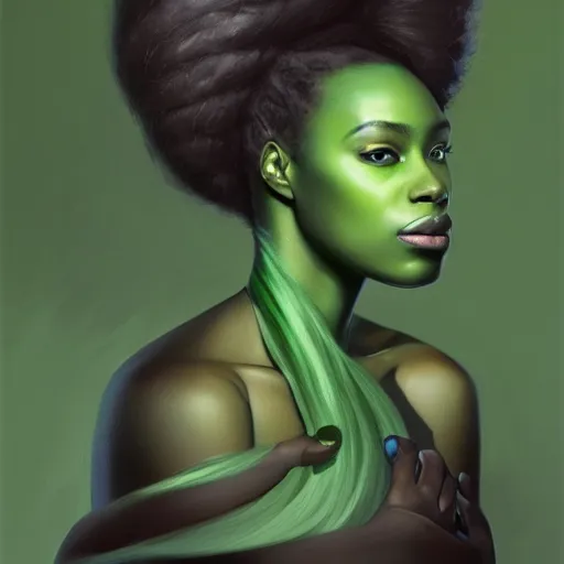 Prompt: a detailed matte oil on canvas head on symmetrical portrait of black skinned woman with long white and ( ( pale green ) ) hair, clothed by charlie bowater, lise deharme, wlop, trending on artstationhd, dungeons and dragons art critical role