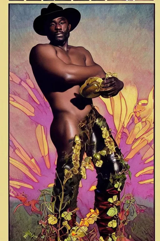 Prompt: a dramatic ethereal epic painting of a handsome black cowboy cupping a plant in his hands | background is fiery | he is shirtless and wearing a hat and boots | tarot card, art deco, art nouveau, homoerotic | by Mark Maggiori and Alphonse Mucha | trending on artstation