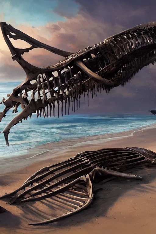 Prompt: whale skeleton on the beach, driftwood, huge, towering, gigantic, high octane, 8 k, digital art, magic the gathering, mtg, by greg rutkowski, trending on artstation