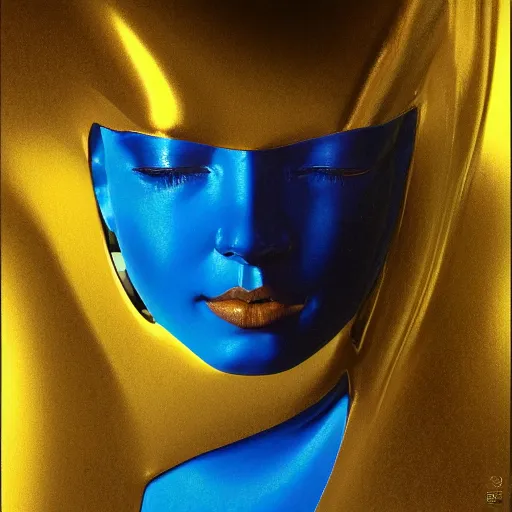 Image similar to a chrome woman's face in flowing sheets of cobalt blue gold chrome tpu silver satin, by moebius syd mead roger dean wojciech siudmak donato giancola yoshitaka amano ivan aivazovsky jan de heem pieter claesz paul delaroche alma tadema aelbert cuyp, hyperrealistic volumetric light render