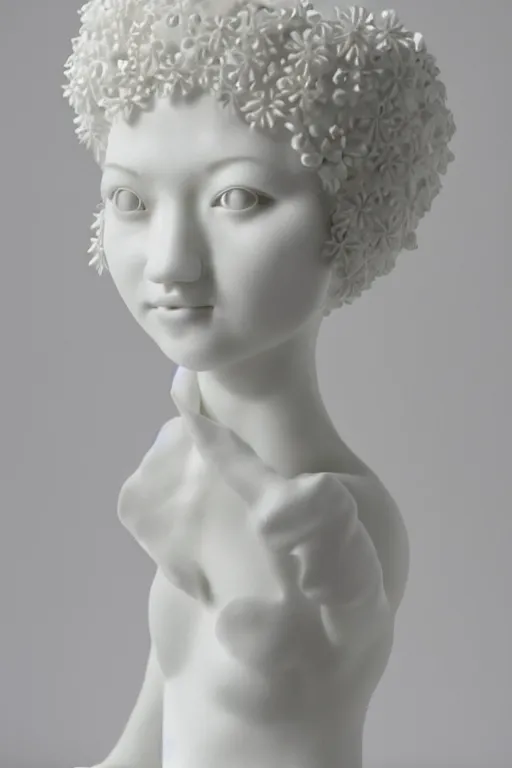 Image similar to full head and shoulders, beautiful female porcelain sculpture by daniel arsham and audrey kawasaki, smooth, all white features on a white background, delicate facial features, white eyes, white lashes, detailed white 3 d giant poppies on the head