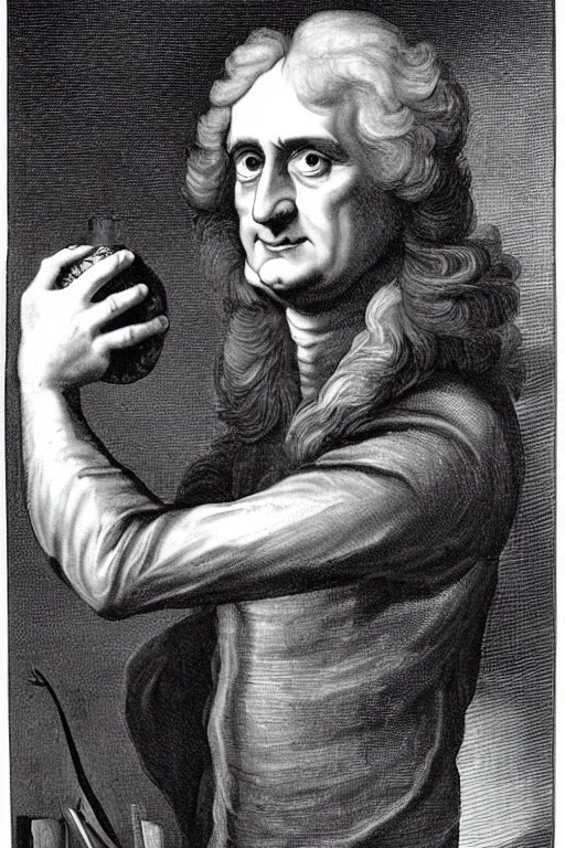 Prompt: isaac newton holding an apple