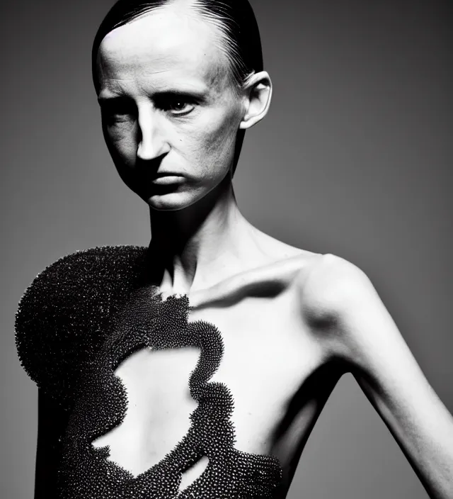 Image similar to photography portrait of one female fashion model wearing fluid sophisticated dress by iris - van - herpen