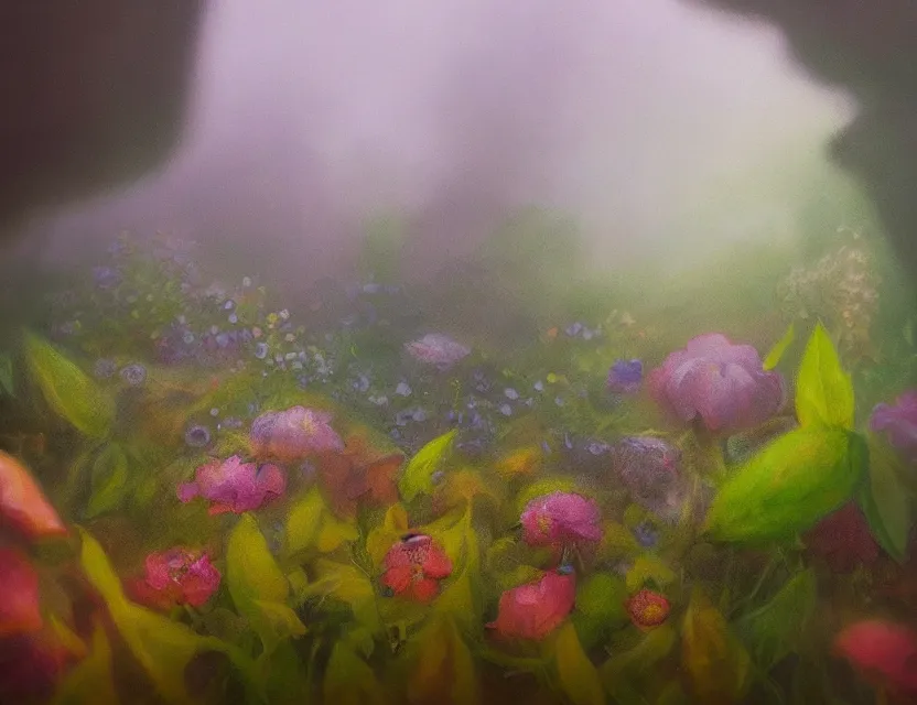 Prompt: amorphous, gooey life form covering a cottage garden in a beautiful foggy morning. oil painting, indie concept art, bloom, chiaroscuro, backlighting, intricate details, depth of field.