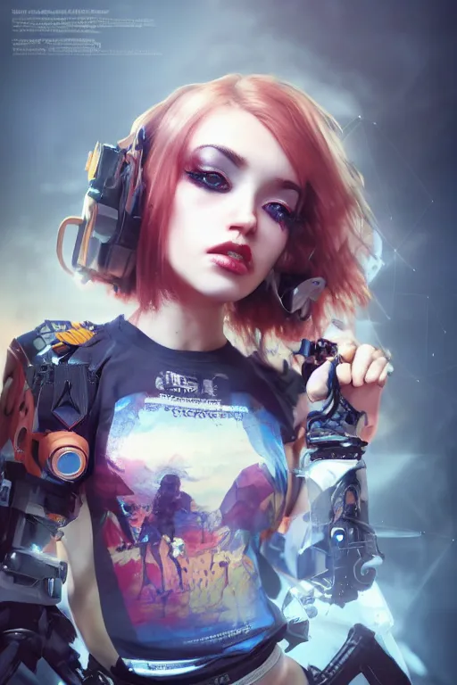 Prompt: Epic cinematic portrait of a very beautiful dollpunk female wearing an Abstract tech shirt and hotpants, volumetric clouds, focus, realistic eyes, symmetric body features proportions, golden ratio, ultra intricate details, award winning, unreal render, by Ross Tran