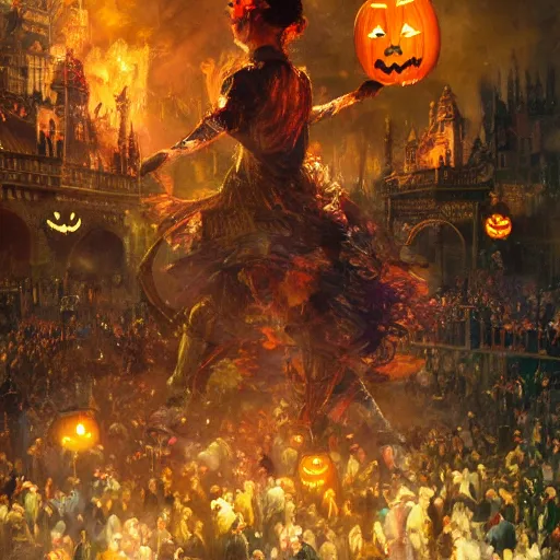Prompt: halloween festival with colorful fireworks, 8 k octane beautifully detailed render, post - processing, extremely hyper - detailed, intricate, epic composition, cinematic lighting, masterpiece, trending on artstation, masterpiece, stunning art by anders zorn, wonderful masterpiece by greg rutkowski, beautiful cinematic