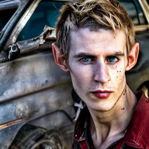 Image similar to close up headshot of a skinny high-fantasy elf with a long face narrow chin and spiky blonde hair wearing dark brown overalls and holding a bomb next to a destroyed car, gel spiked blond hair, small ears, high resolution film still, HDR color