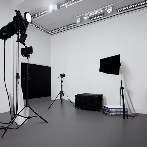 Image similar to an ultra high definition professional studio quality photograph. the photo is set in a plain empty white studio room with a plain white plinth in the middle of the room, a mobile phone is on top of plinth in the centre of the photograph. three point light.