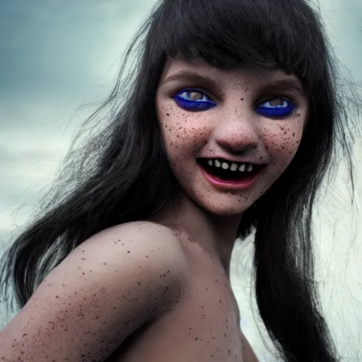 Image similar to a little blue-skinned girl with messy black hair sharp pointed ears freckles along the ridges of her cheeks and sharp pointy teeth, dnd triton, high resolution film still, 4k, HDR colors