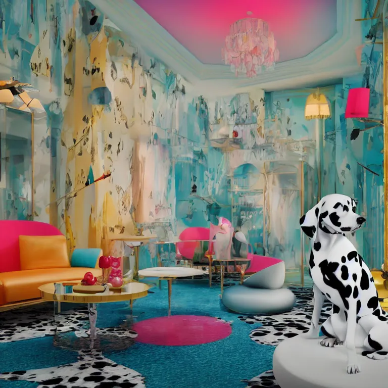 Image similar to vogue photoshoot octane render of 1 0 1 dalmatian with white background, focus bright colorful pastel exotic vintage boutique hotel lounge, very short depth of field, bokeh
