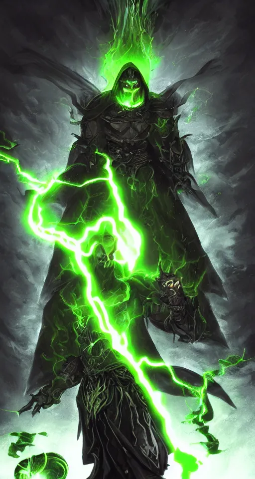 Prompt: illustration of dark priest holding green lightning, black halo, evil, power, green mist, scary, photorealistic, unreal engine, hellish background , Mtg , Dnd ,