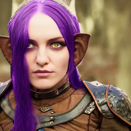 Image similar to anya charlota as a medieval fantasy tolkien elf, dark purplish hair tucked behind ears, wearing leather with a fur lined collar, wide, muscular build, scar across the nose, one black, scaled arm, cinematic, character art, real life, 8 k, detailed.