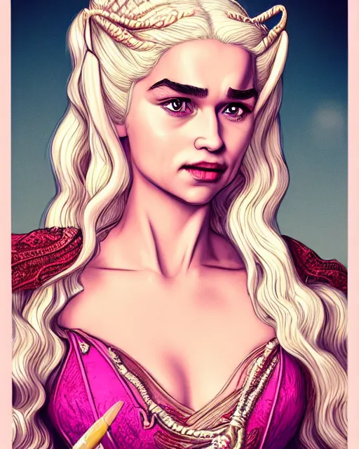 Image similar to closeup portrait happy beautiful daenerys targaryen with long blonde windblown hair in an ornate royal dress, standing on a street in chinatown, pink lipstick, glamour pose, detailed illustration, digital art, trending on artstation, arney freytag, frank miller, moebius, graffiti, gta v,