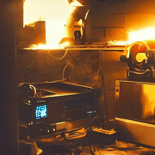 Image similar to cyborg toaster oven repairman, dark messy smoke - filled cluttered workshop, dark, dramatic lighting, orange tint, sparks, plasma rays, cinematic, highly detailed, sci - fi, futuristic, movie still