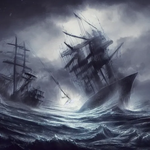 Image similar to ghostly pirate ship sailing on a raging sea, concept art, highly detailed, intricate, dark colour, tense atmosphere, night sky full of star