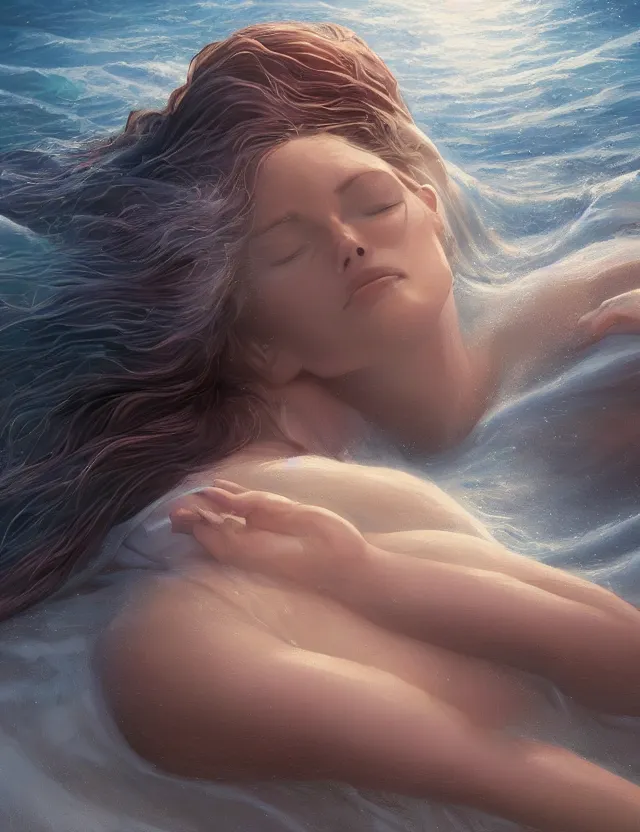 Image similar to A woman sleeping and the ocean is her cover, masterpiece digital painting by Alex Grey, Greg Rutkowski, artstation, 4k wallpaper