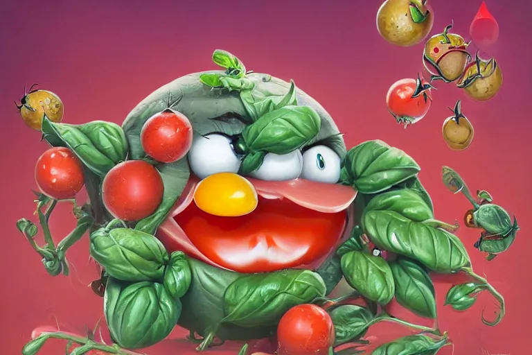 Image similar to a highly detailed happy tomato is playing with mozzarella balls, some sliced in half, basil leaves flying all over, playful vibe, full body, wide angle, an ultrafine detailed painting by joe fenton, trending on deviantart, pop surrealism, whimsical, lowbrow, perfect symmetrical face, sharp focus, octane, masterpiece