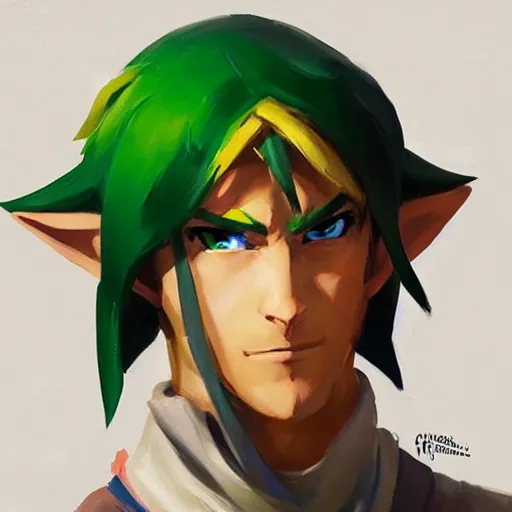 Image similar to greg manchess portrait painting of link from legend of zelda as overwatch character, medium shot, asymmetrical, profile picture, organic painting, sunny day, matte painting, bold shapes, hard edges, street art, trending on artstation, by huang guangjian and gil elvgren and sachin teng