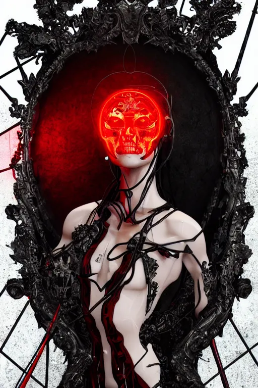 Image similar to full-body cyberpunk style sculpture of a young beautiful dark priestess, half android with a head opening exposing circuitry, glowing red eyes, black roses, flowing blood red colored silk, fabric, candles. baroque elements, human skull. full-length view. baroque element. intricate artwork by caravaggio. crows flying in background. Trending on artstation, octane render, cinematic lighting from the right, hyper realism, octane render, 8k, depth of field, 3D