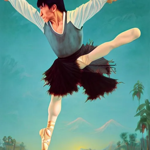 Image similar to a beautiful scenic painting of young jackie chan dancing ballet, by artgerm and wlop and wes anderson and spike jonze