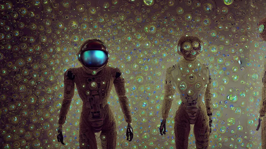 Image similar to a cybernetic symbiosis of a single astronaut mech-organic eva suit made of pearlescent wearing knitted shiny ceramic multi colored yarn thread infected with diamond 3d fractal lace iridescent bubble 3d skin dotted covered with orb stalks of insectoid compound eye camera lenses floats through the living room, film still from the movie directed by Denis Villeneuve with art direction by Salvador Dalí, wide lens,kevlar,carbon fiber,ceramics,gaseous materials,