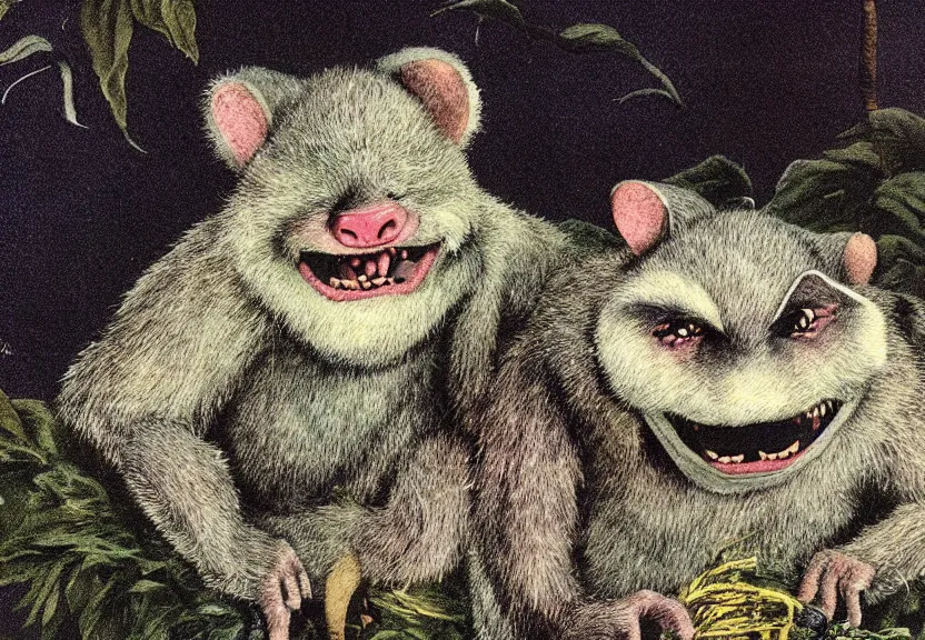Prompt: possum monster in the wild, colorized, high detail, by Maurice Sendak