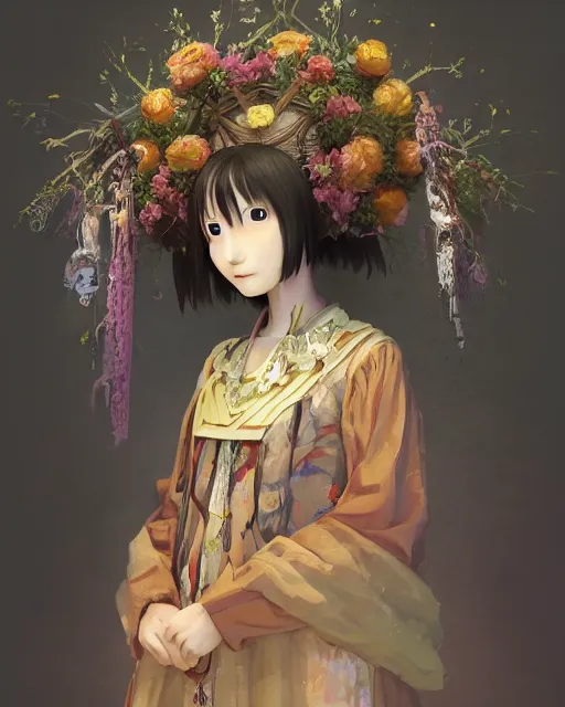 Prompt: studio photo portrait of Lain Iwakura from Serial Experiments Lain wearing floral garlands over her traditional dress. full height portrait of Lain as a slavic pagan priestess wearing traditional pagan dress adorned with golden tiara, concept art by Greg Rutkowski and James Dean and Ross Tran, ultrarealistic octane render, 8k, rtx on, trending on ArtStation