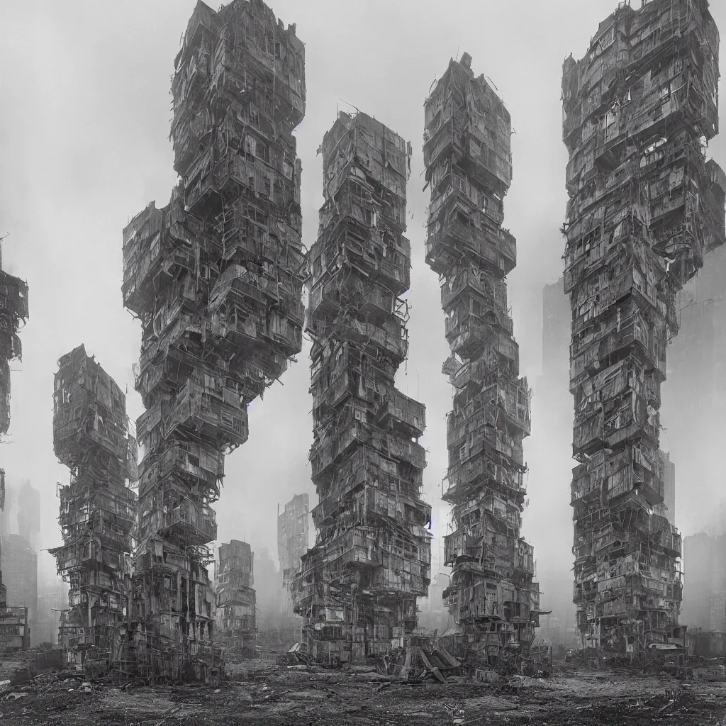 Image similar to two giant towers, made up of makeshift squatter shacks, misty, dystopia, mamiya rb 6 7, fully frontal view, very detailed, studio lighting, photographed by ansel adams