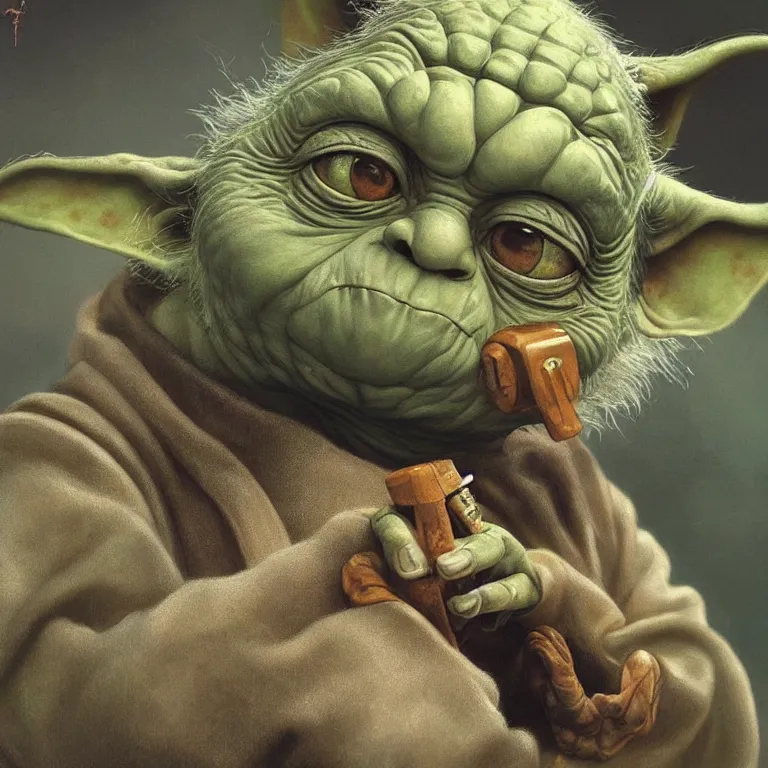 Image similar to fine art painting of Yoda on a bad drug trip, drugs and alcohol littered everywhere, dizzy, trippy, artstation, cgsociety, very detailed, intricate, detailed illustration, by artgerm and greg rutkowski and alphonse mucha, sharp, smooth, masterpiece