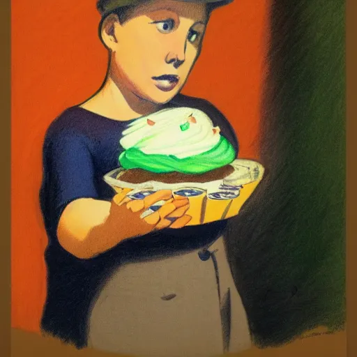 Prompt: shirt with cupcake drawn by edward hopper