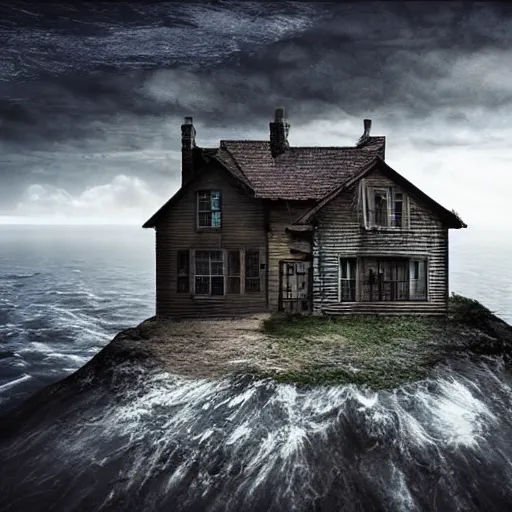 Prompt: house at the edge of the world, hyperdetailed, photorealistic, moody, surreal - n 6