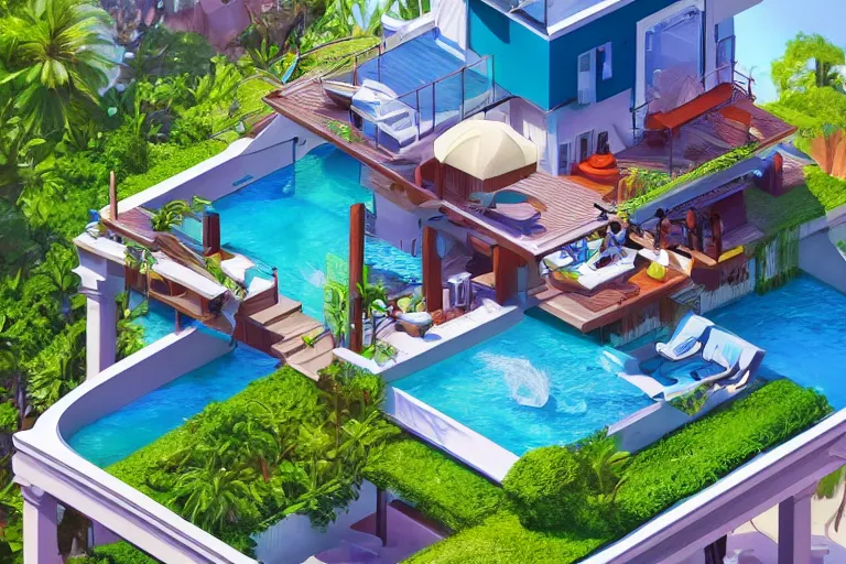 Prompt: a villa with a balcony beside the sea, umbrella, table, juice and liquid, recliner, isometric art, bright, artstation, highly detailed, cinematic lighting + masterpiece