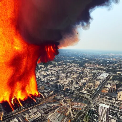 Prompt: a photograph photo of a city being scorched by holy fire from the sky and meteors