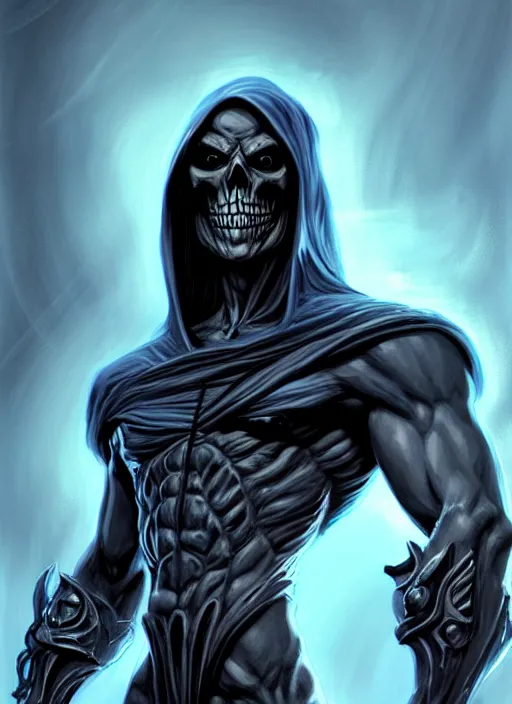 Image similar to skeletor, as a brooding figure of the dark caught in the never - ending push and pull between good and evil diffuse lighting, fantasy, intricate, highly detailed, lifelike, photorealistic, digital painting, artstation, illustration, concept art, smooth, sharp focus, art by john collier and albert aublet and krenz cushart