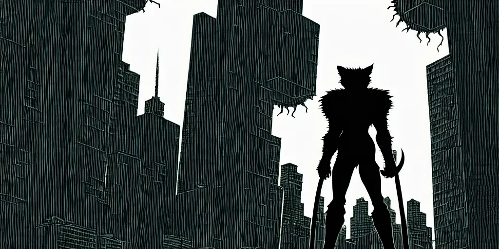 Prompt: Big city, huge cat monster silhouette in the background, in the style of Kentaro Miura, Berserk, landscape, hyperdetailed, ultra quality, 4k, ultra details