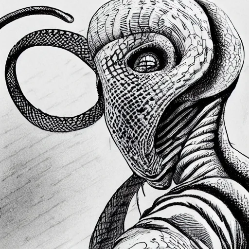 Image similar to a snake with a human face, kentaro miura art style